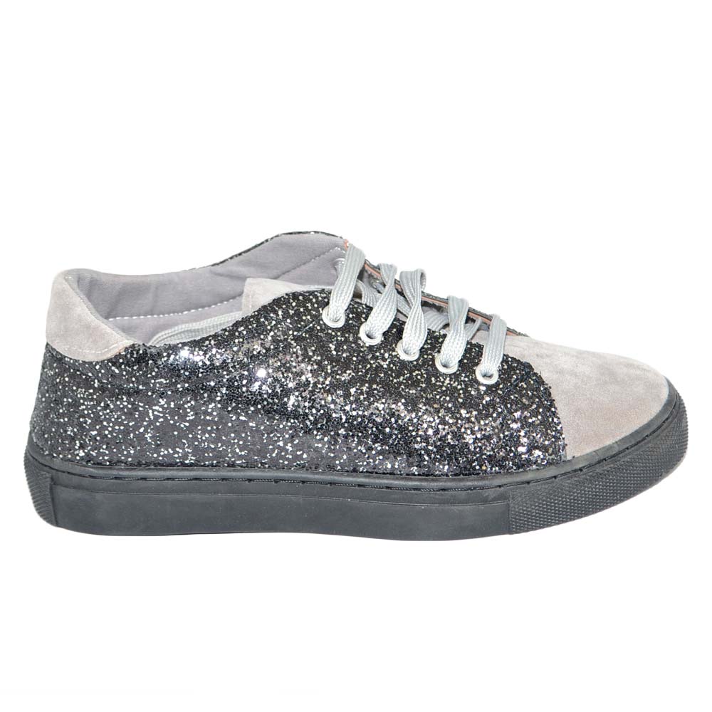 Sneakers casual bassa donna grigia con laterali glitter argento fondo basso leggere comode moda punta tonda