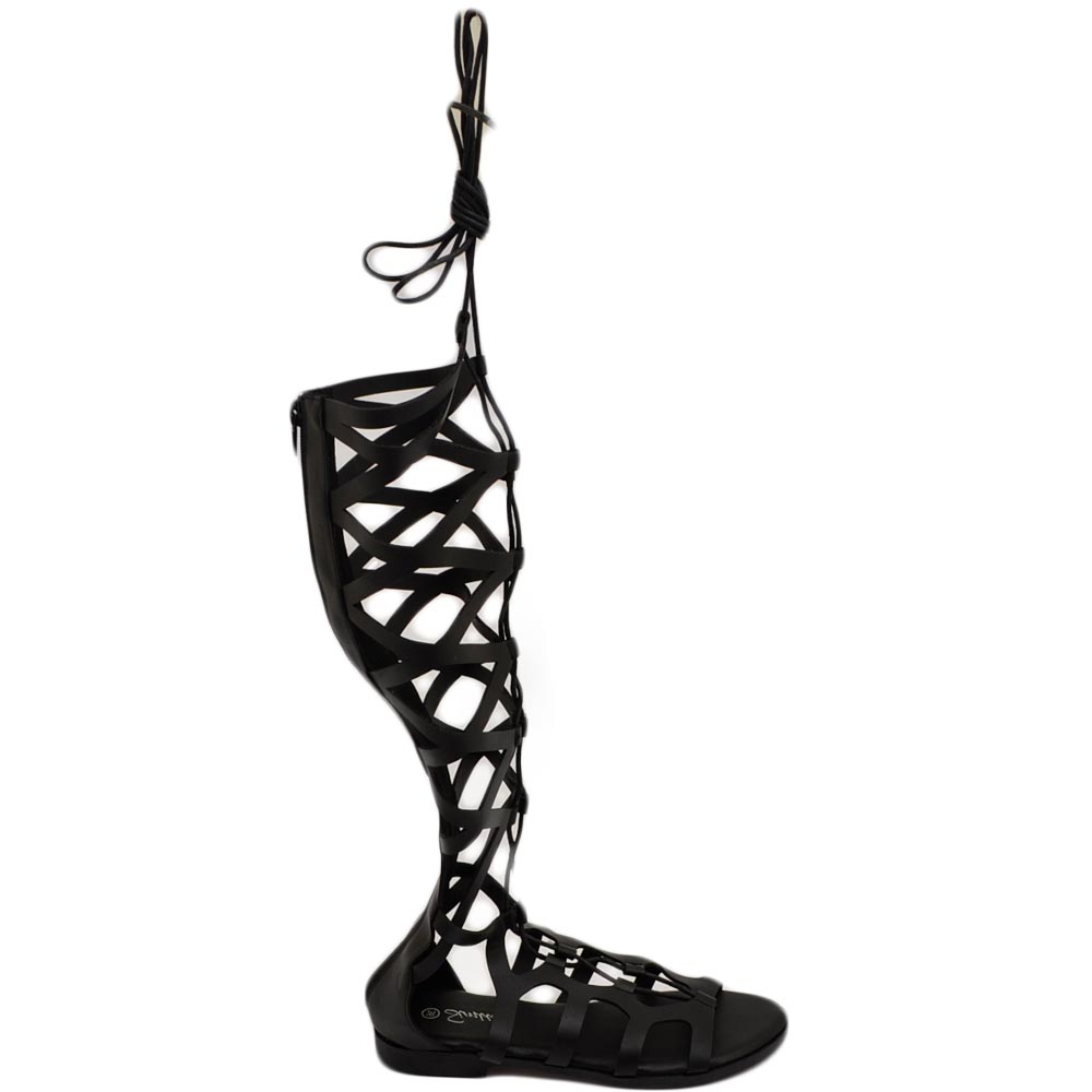 Stivali estivi alla schiava donna nero con lacci regolabile comodo al ginocchio senza tacco raso terra moda gladiatore.