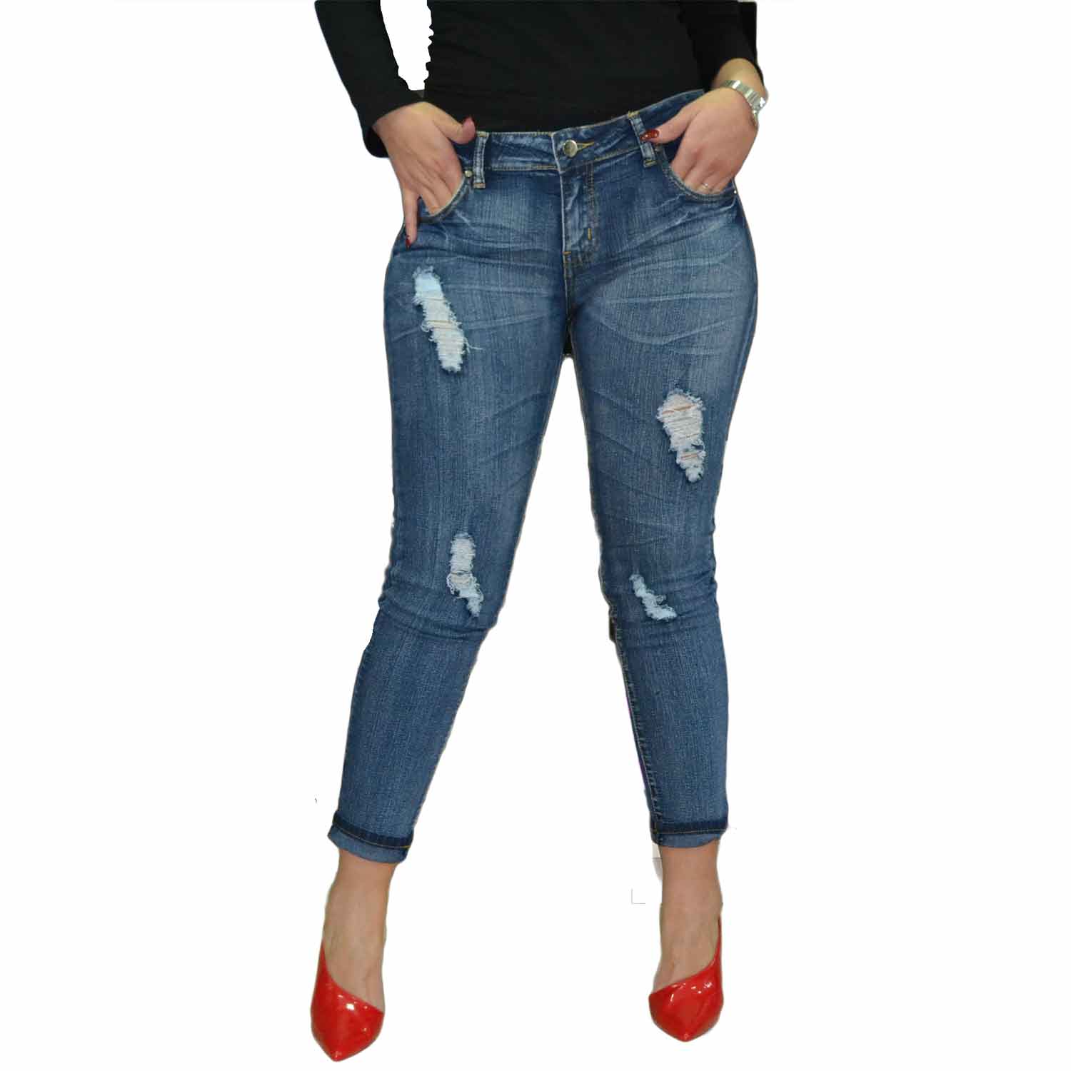 jeans donna pantaloni slim lavaggio graduale con strappi.