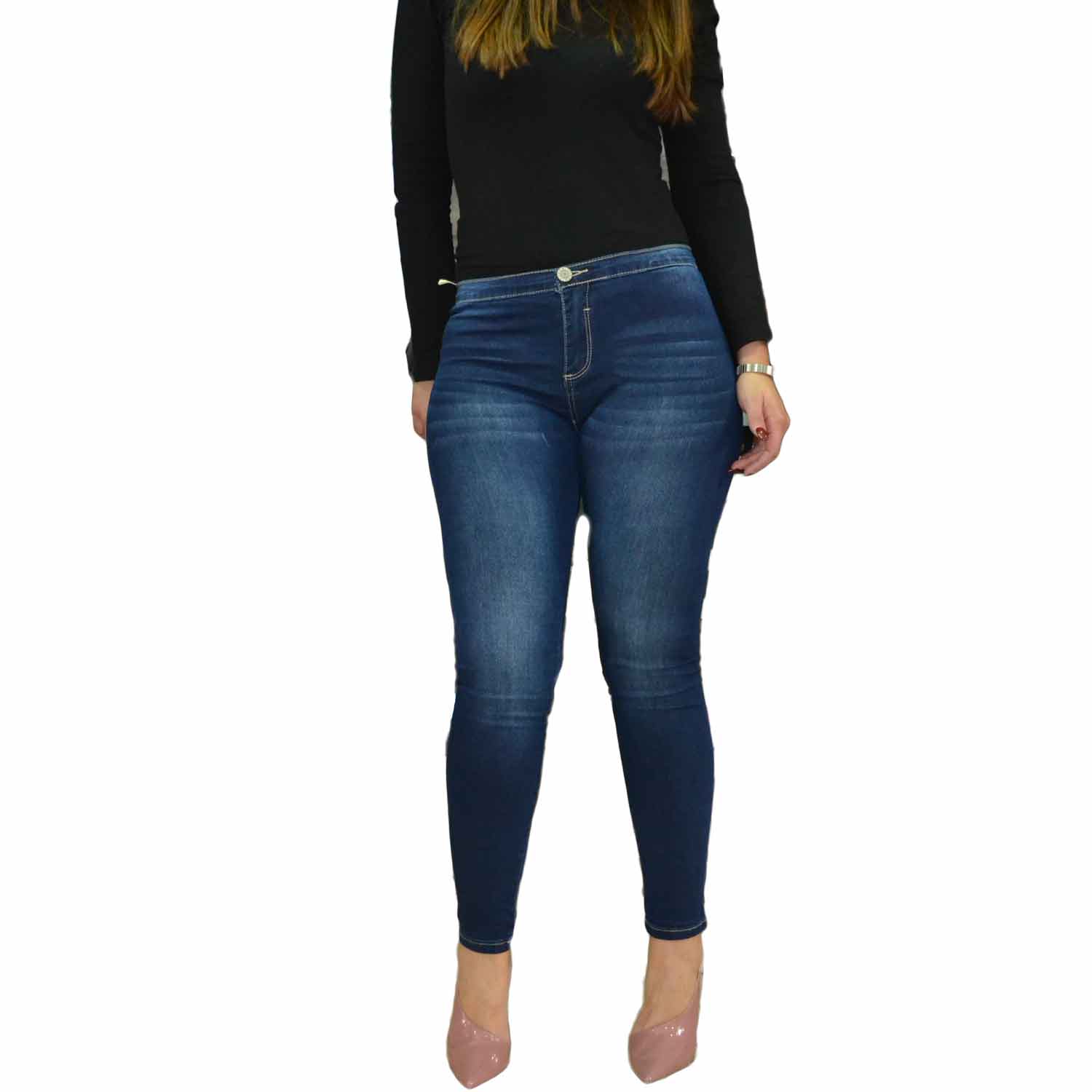 Jeans donna pantaloni slim lavaggio scuro con sfumature.