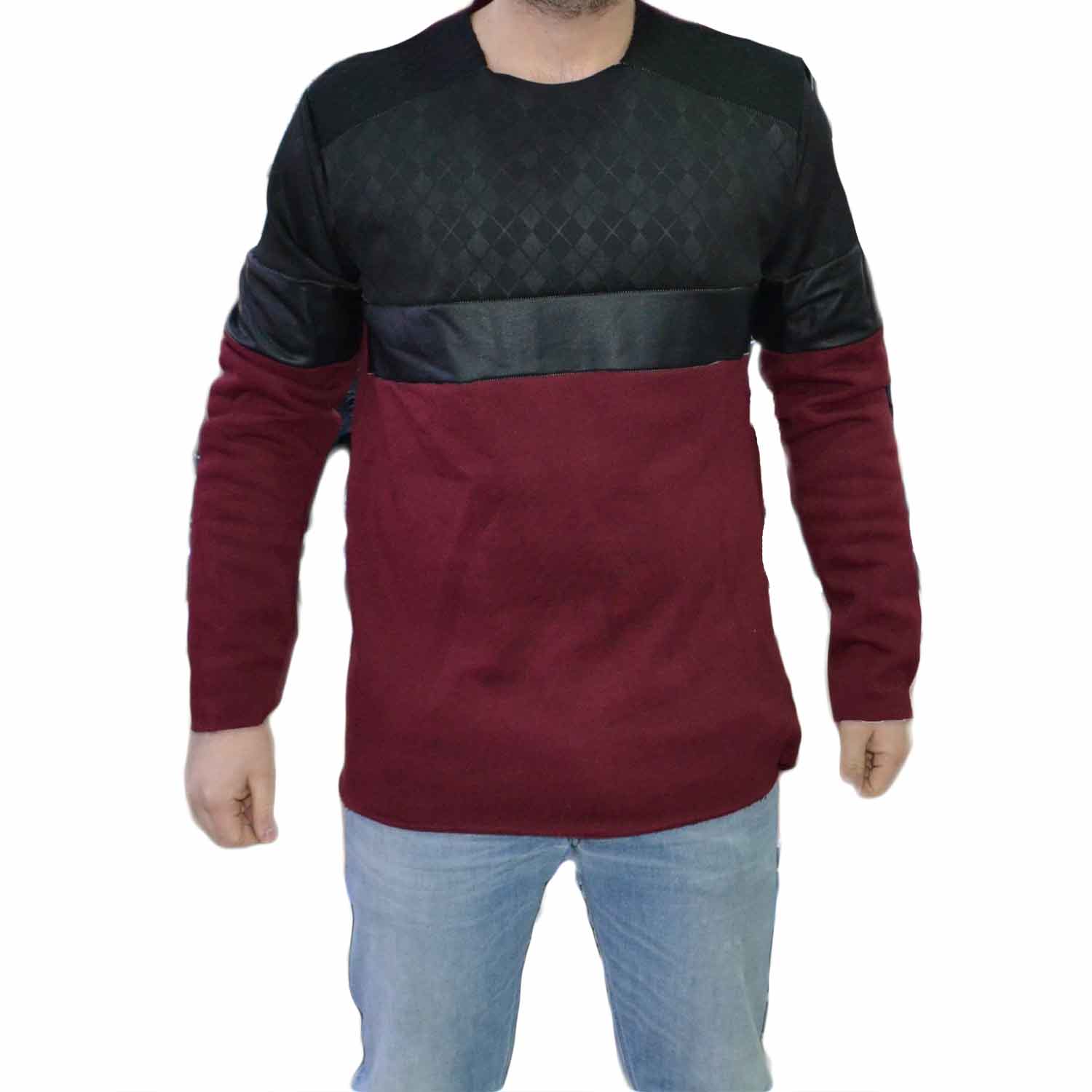 felpa lunga uomo bordeaux con ecopelle nero girocollo 