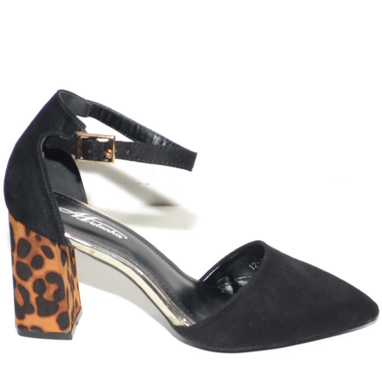 Decollete donna nero a punta taglio simmetrico con tacco basso animalier leopardato cinturino alla caviglia moda