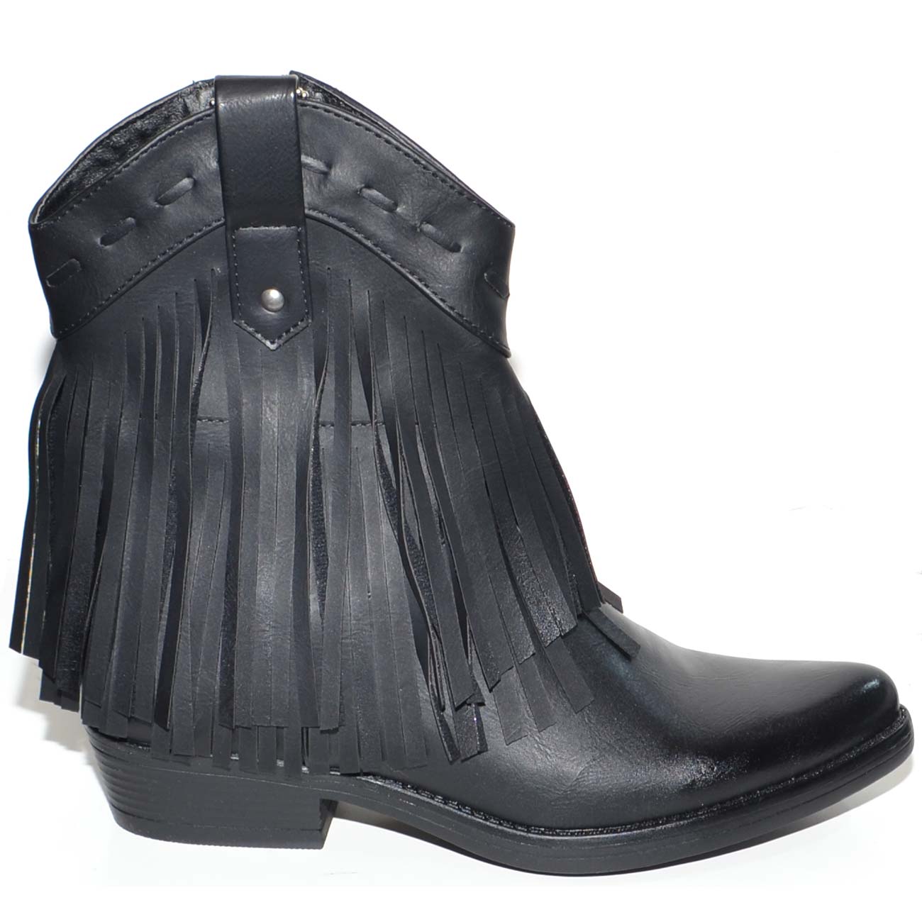 STIVALETTO DONNA NERO CAMPEROS BASSO CON FRANGE A PUNTA TEXANI TACCO BASSO WESTERN ZIP MODA.