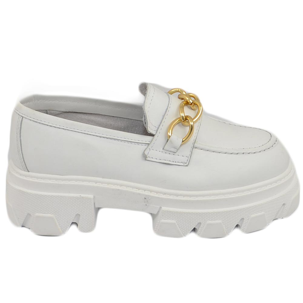 Mocassini donna combat college bianc con catena fondo platform in gomma light in vera pelle Made in Italy moda tendenza 
