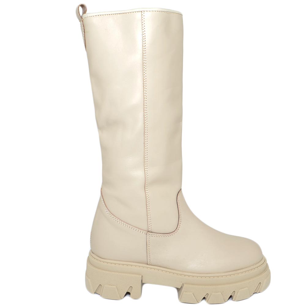 Stivali donna Chelsea combat Boots platform in vera beige crema altezza meta' gambale in vera pelle Made in Italy 