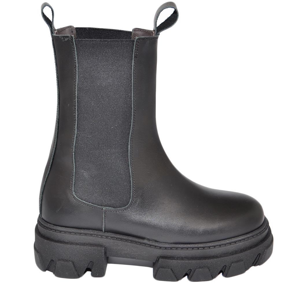 Stivali donna Chelsea combat Boots platform in vera pelle nero con elastico laterale in vera pelle Made in Italy 