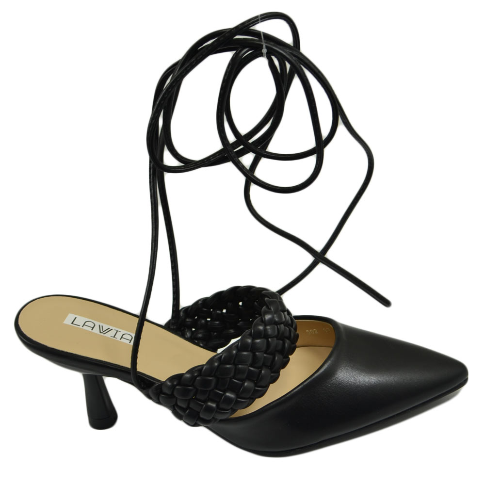 Decollete' donna tacco sottile 5 comfort nero intrecciato allacciatura alla schiava open toe morbido moda glamour evento.