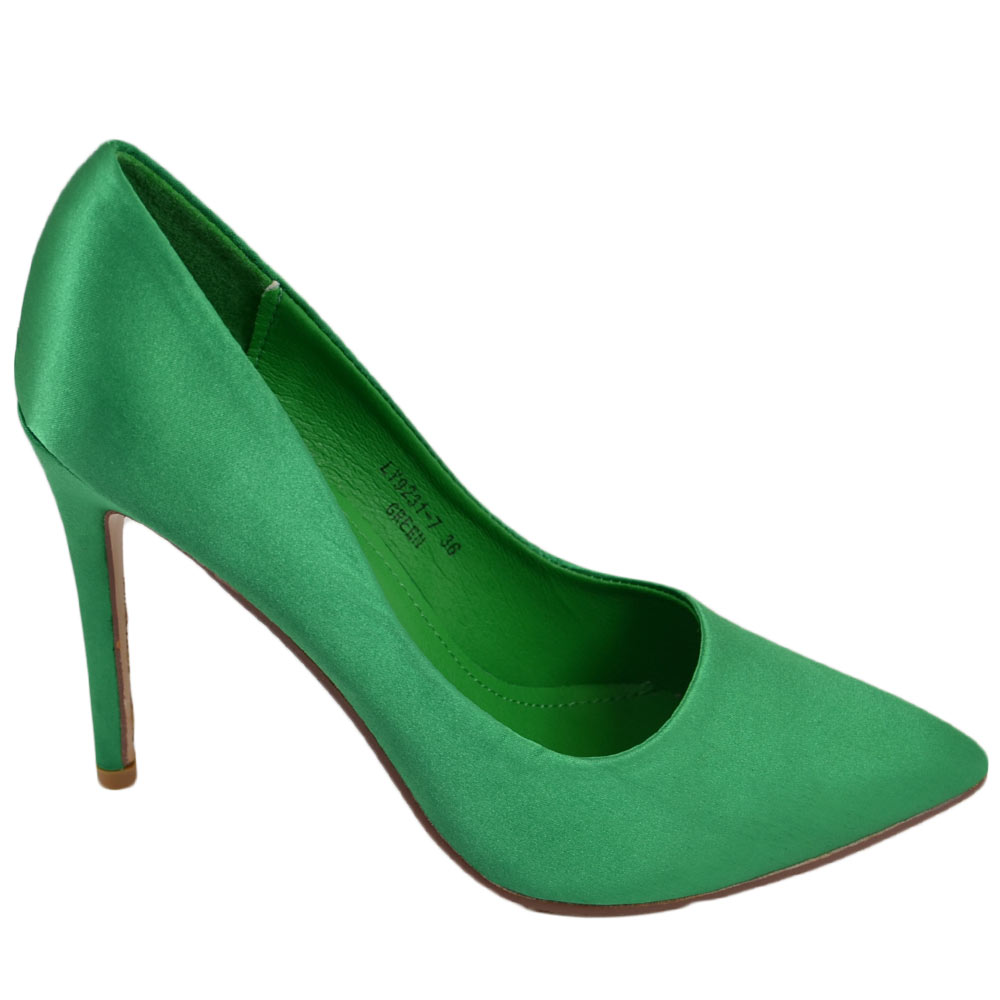 Scarpe donna decollete a punta elegante in raso verde lucido tacco a spillo 12 cm moda elegante cerimonia evento