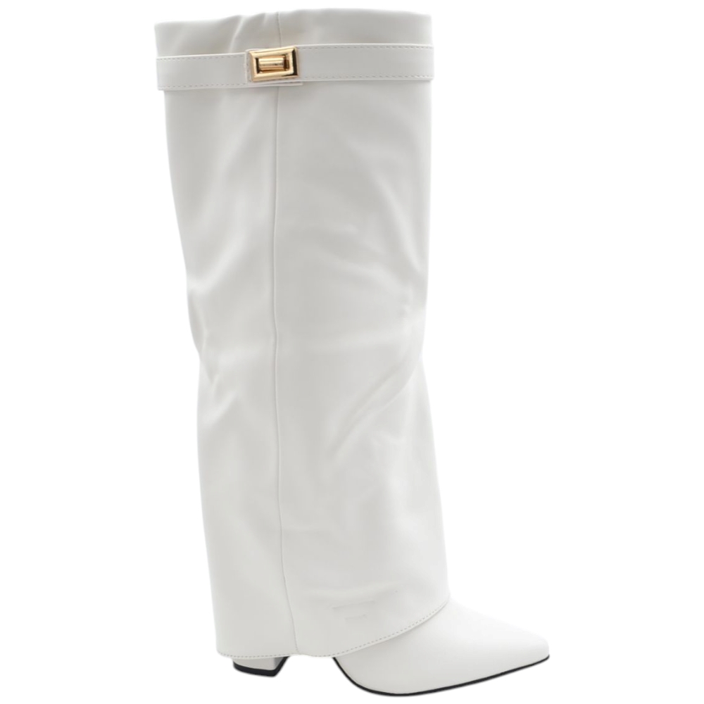 Stivali donna bianco a punta al ginocchio con para risvolto modello shark tacco largo 12 cm cinturino gancio argento