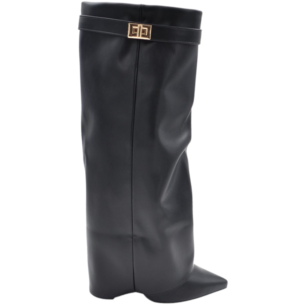 Stivali donna nero a punta al ginocchio con para risvolto modello shark tacco largo 12 cm cinturino gancio argento.