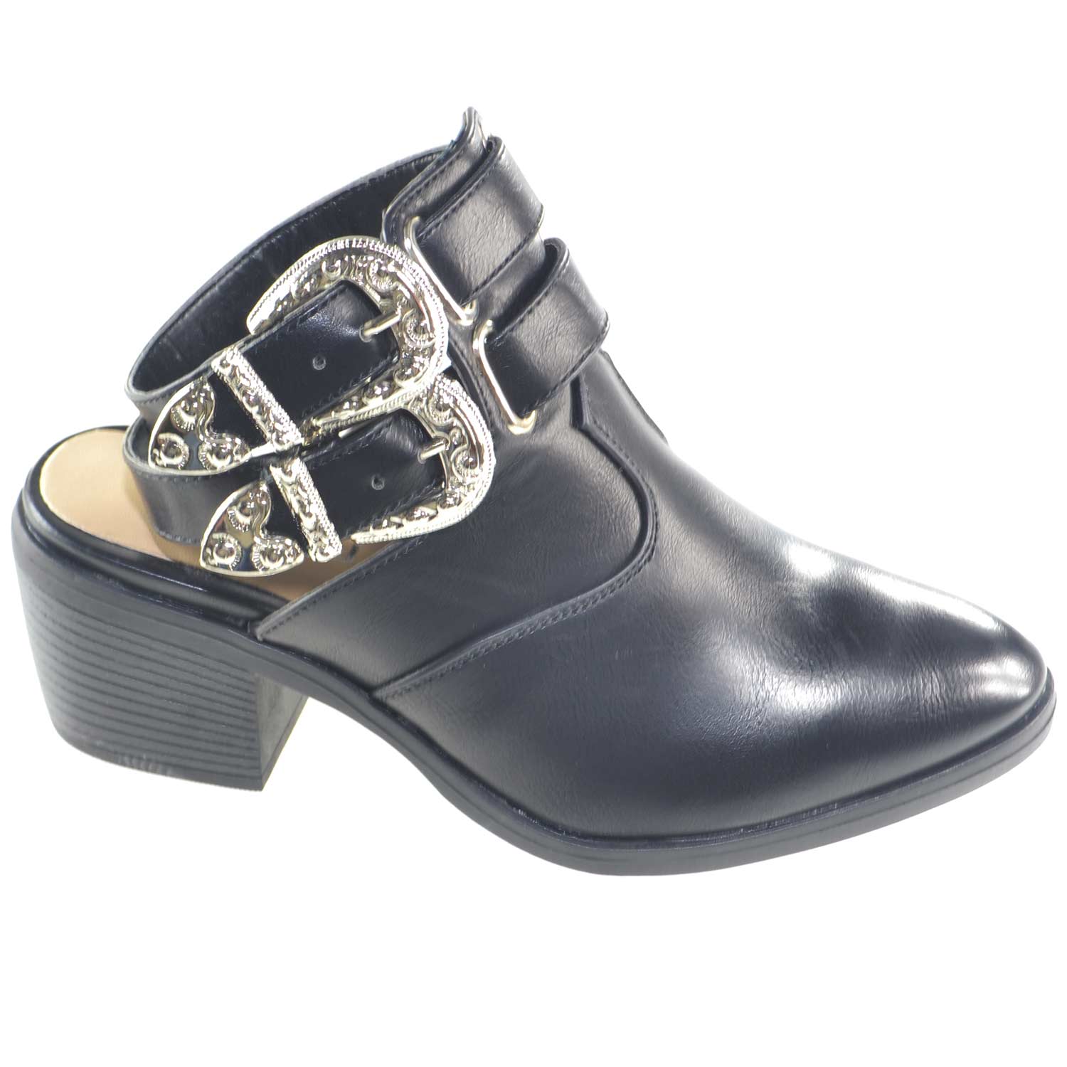 stivaletti donna estivi nero tallone scoperto modello camperos allacciatura con fibbie alla caviglia