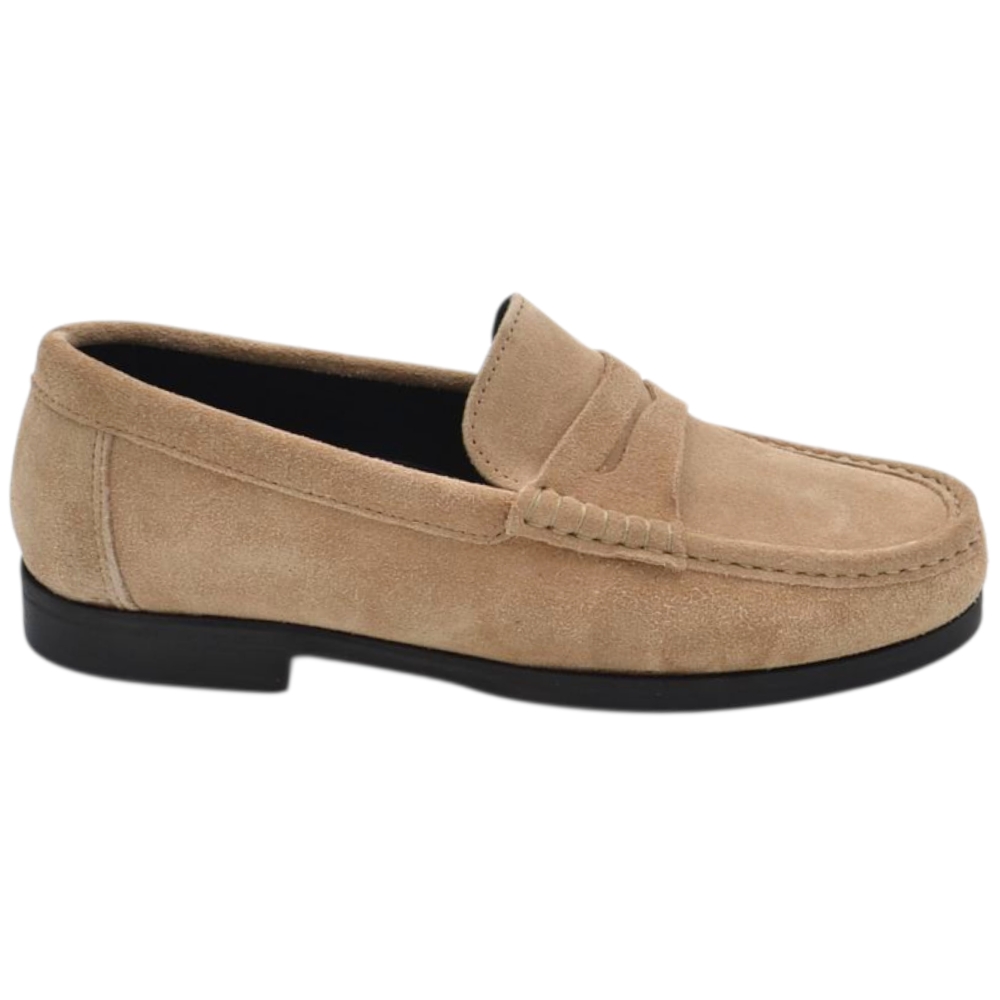 Scarpe uomo mocassini inglese college vera pelle scamosciata beige cuciture vista made in italy fondo cuoio antiscivolo