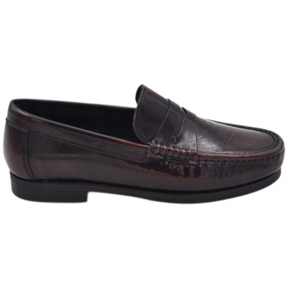 Scarpe uomo mocassini inglese college vera pelle abrasivata bordeaux cuciture rilievo made in italy fondo cuoio