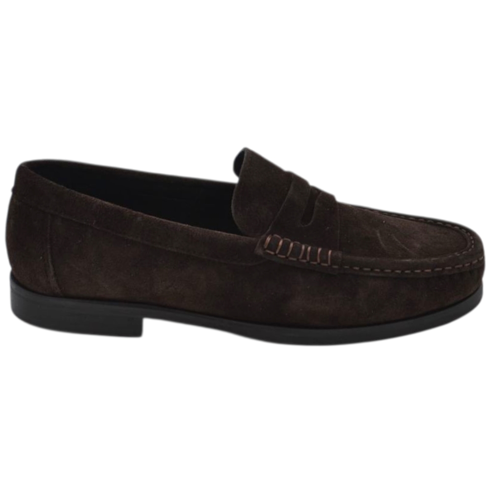 Scarpe uomo mocassini college vera pelle scamosciata marrone cuciture a vista made in italy fondo cuoio antiscivolo.
