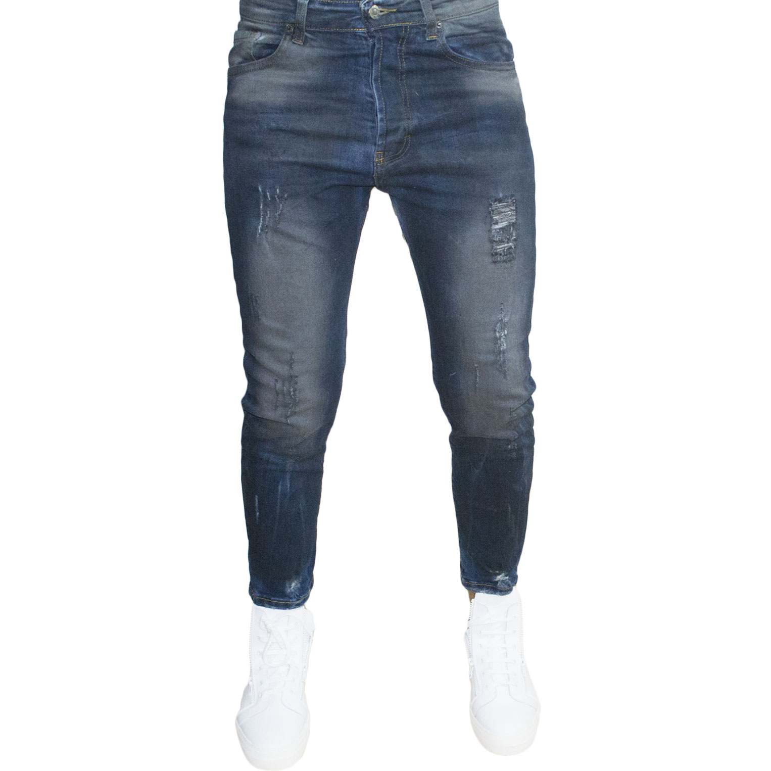 Pantaloni Jeans 5465 lavaggio scuro sfumato denim Skinny Fit con strappi. Chiusura con bottone e cerniera. Cinque tasche.