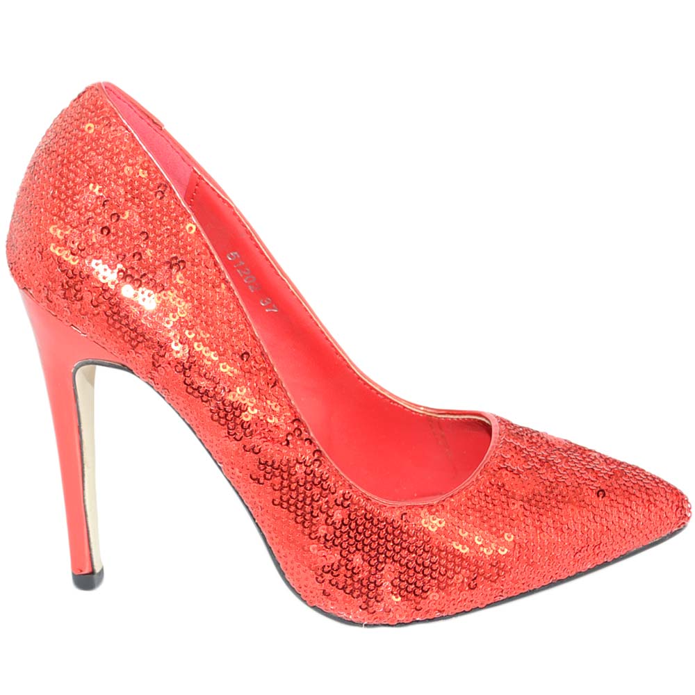 Decollete' scarpe donna a punta in paillettes rosso con tacco a spillo 12 per cerimonie moda glamour.