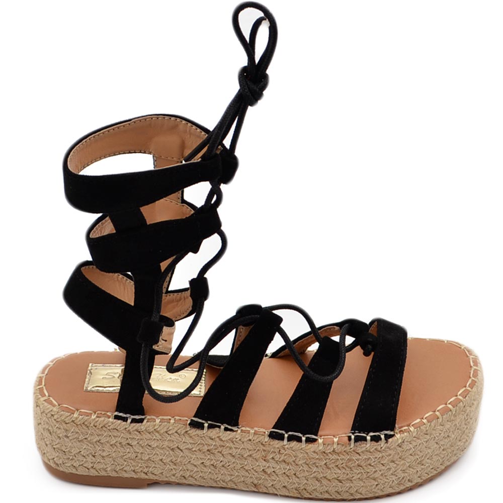 Sandali alla schiava donna nero in ecopelle scamosciata fondo platform 4 cm con lacci regolabile moda gladiatore