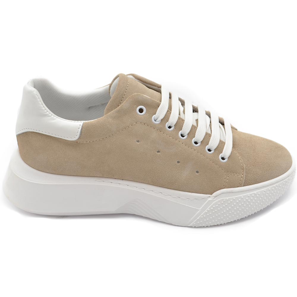 Sneakers uomo beige in vera pelle con riporto bianco fondo alto asimmetrico Gels moda street made in italy ragazzo