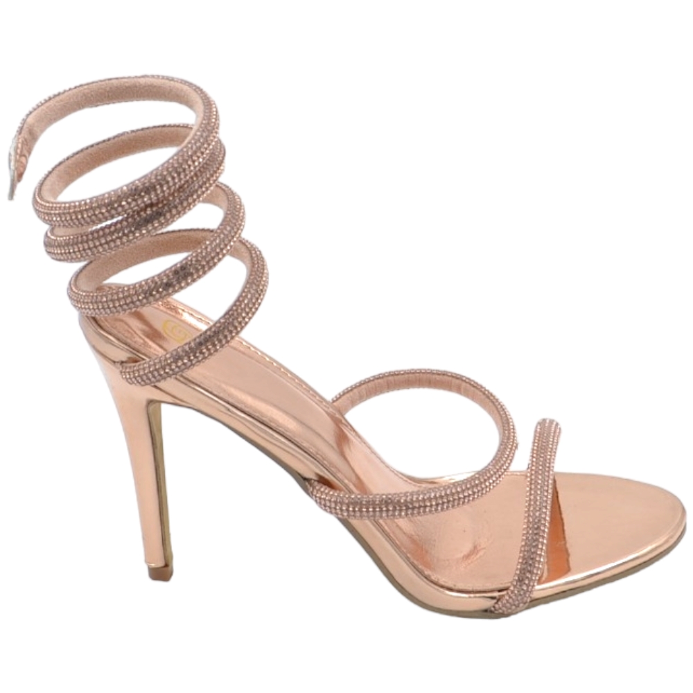 Sandali donna gioiello oro rosa tacco sottile 12cm serpente rigido si attorciglia alla gamba oro regolabile brillantini