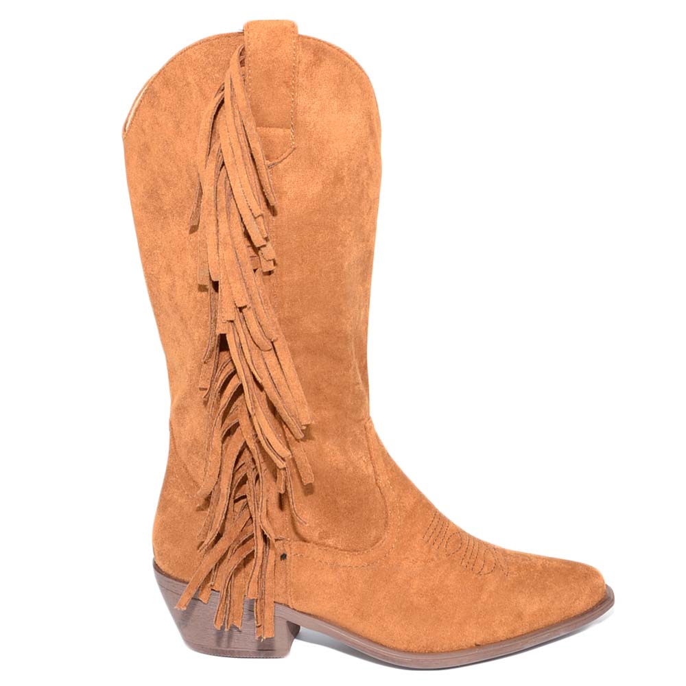 Stivali donna camperos texani cuoio scamosciati con frange western roxanne moda altezza polpaccio style mexico cowboy