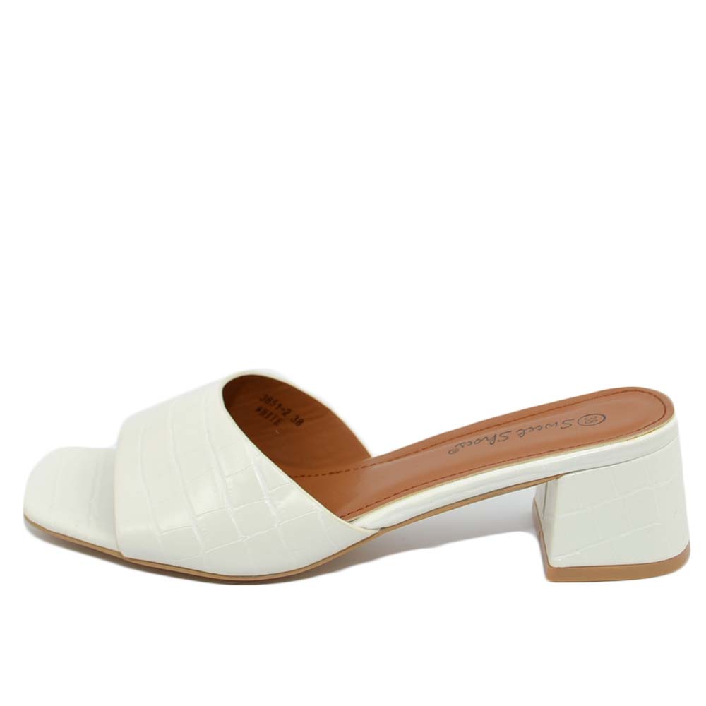 SANDALO DONNA SABOT BIANCO PITONATO A PUNTA QUADRATA CON FASCETTA E TACCO COMODO ANNI 30 4 CM MODA CHIC