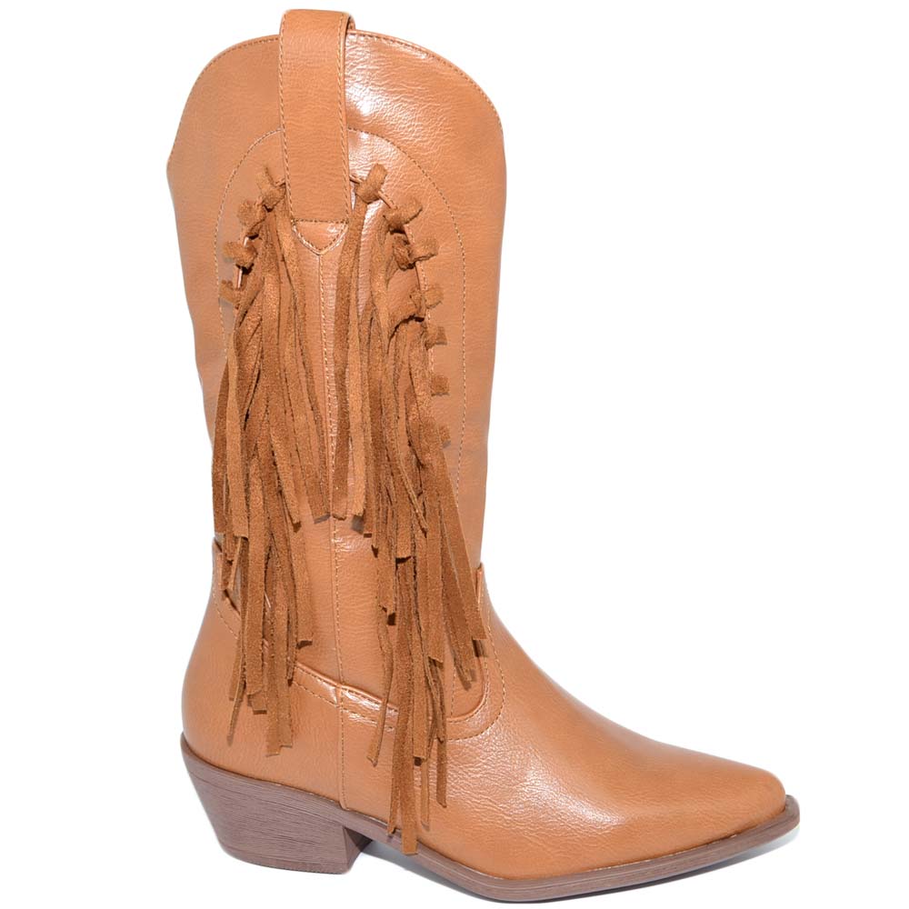 Stivali donna camperos texani cuoio pelle con frange western scamosciate moda altezza polpaccio style mexico cowboy donna stivali Malu Shoes MaluShoes