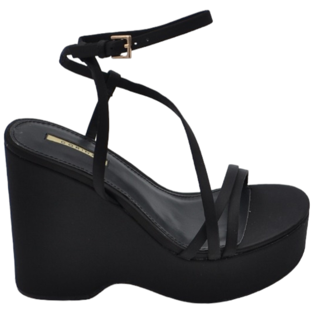 Zeppa donna nero in pelle chiusura alla caviglia fondo tono su tono asimmetrico platform zeppa 10cm plateau 3cm.