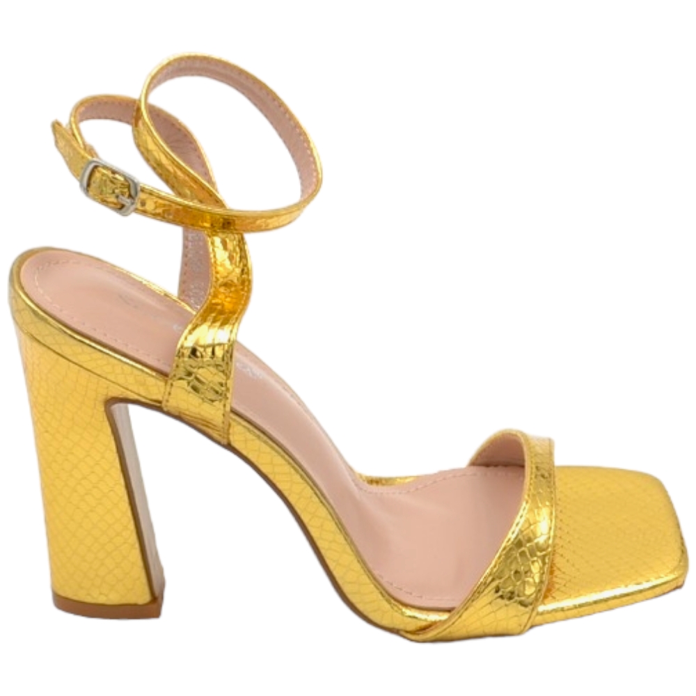 Sandali donna cerimonia con in pelle martellata oro fascetta tacco doppio 10 cm allacciatura alla caviglia moda.