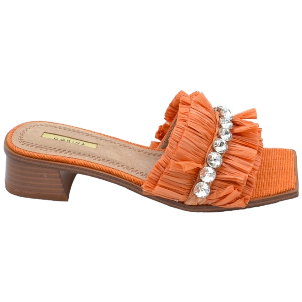 Pantofoline donna mule arancione con drappeggi e strass voluminosa colorata punta quadrata morbide tacco largo 3 cm.