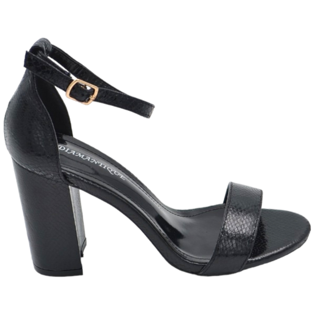 Sandalo alto donna nero effetto squamato tacco doppio 8 cm cinturino alla caviglia linea basic cerimonia evento elegante.