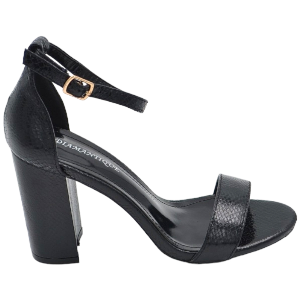 Sandalo alto donna nero effetto squamato tacco doppio 8 cm cinturino alla caviglia linea basic cerimonia evento elegante