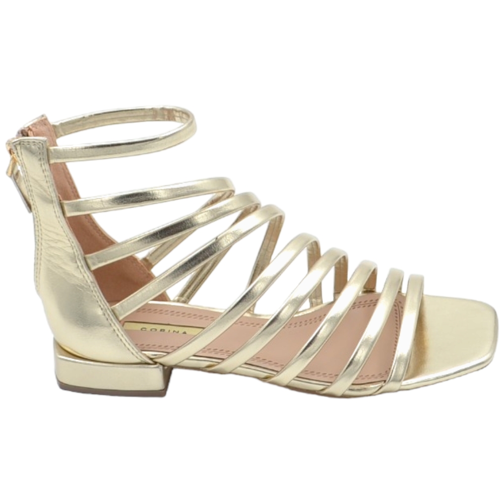 Sandalo basso oro alla schiava con fascette sottili chiusura zip retro fondo in gomma tacco doppio 1 cm