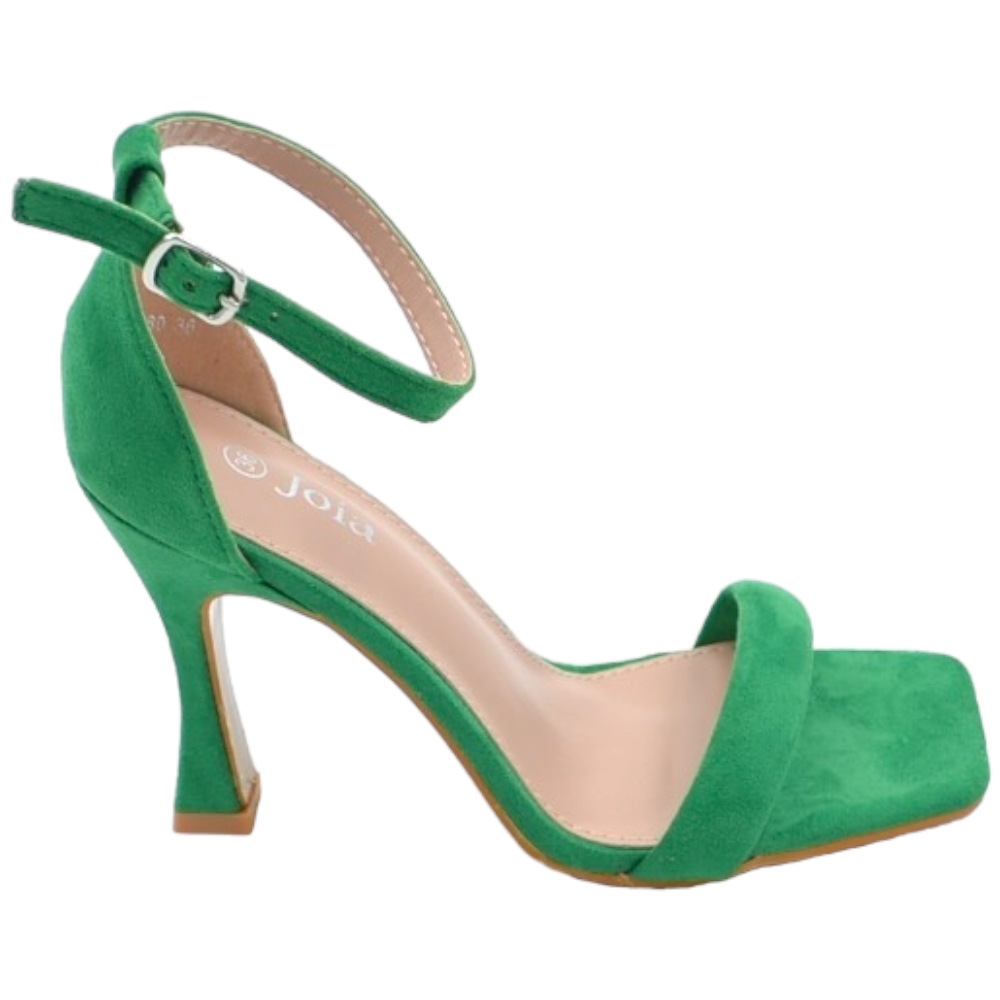 Sandalo alto donna verde in pelle scamosciata con fascia e tacco clessidra 9 cm cinturino alla caviglia linea basic .