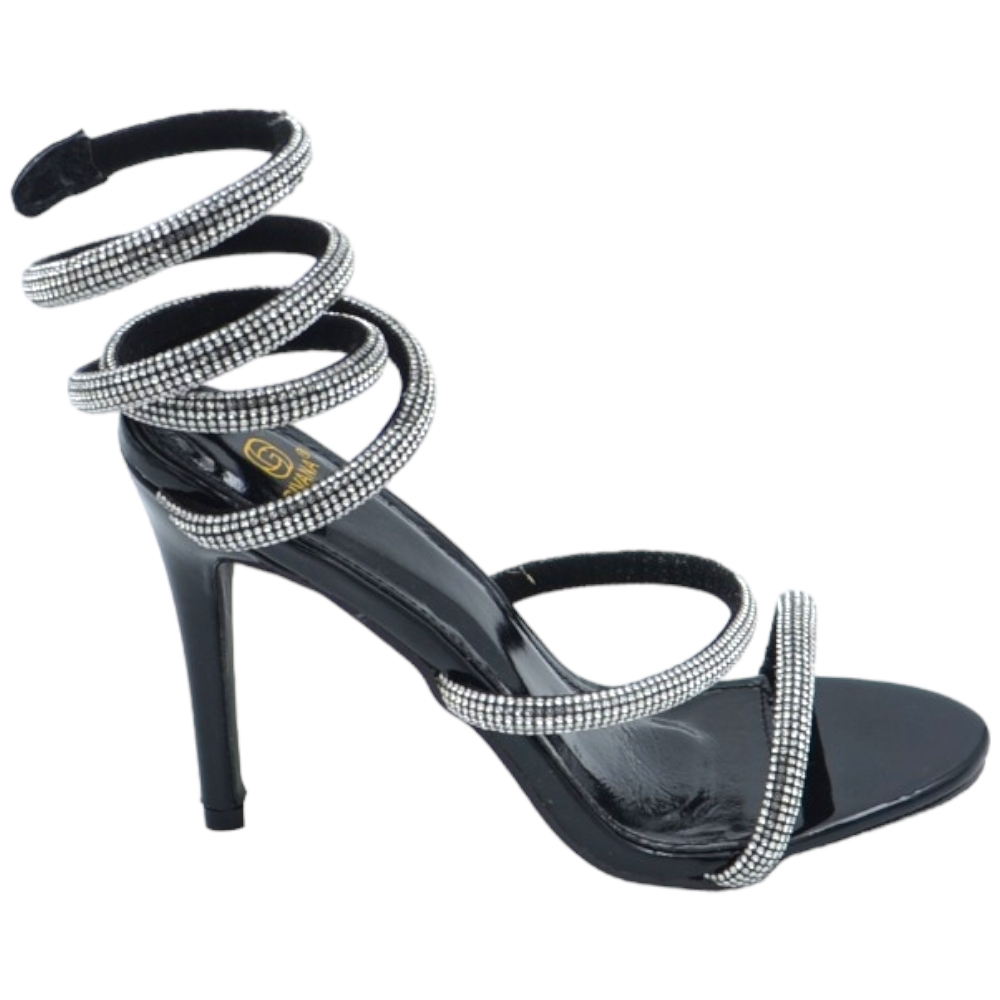 Sandali donna gioiello nero tacco sottile 12 cm serpente rigido si attorciglia alla gamba argento regolabile brillantini.