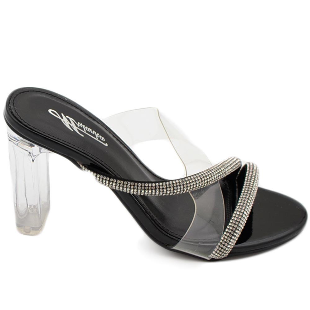 Sandalo donna gioiello nero tacco largo con strass e fascia trasparente 10cm cerimonia effetto nudo open toe cerimonia.