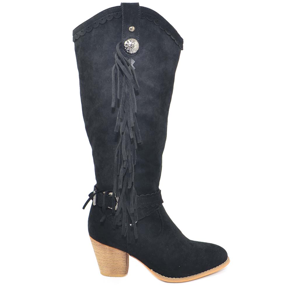 Stivali donna camperos texani neri frange e borchie in camoscio stile  western a | eBay