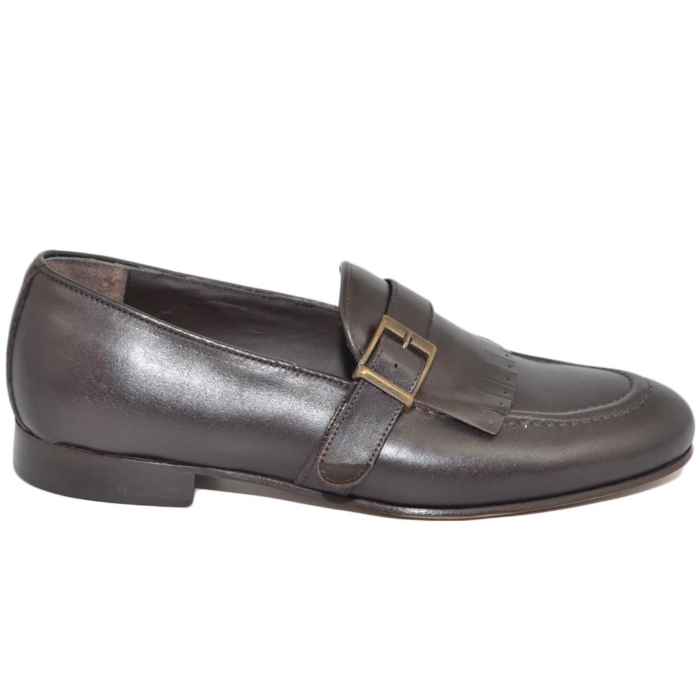 Mocassino derby uomo testa di moro  in vera pelle di nappa con fibbia e frange linea dandy vintage suola in vero cuoio 