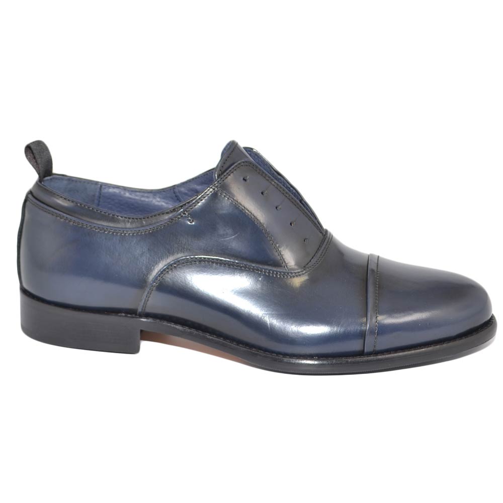 Scarpe uomo stringata elastico inglese punta alzata vera pelle lucida blu made in italy fondo vero cuoio con antiscivolo