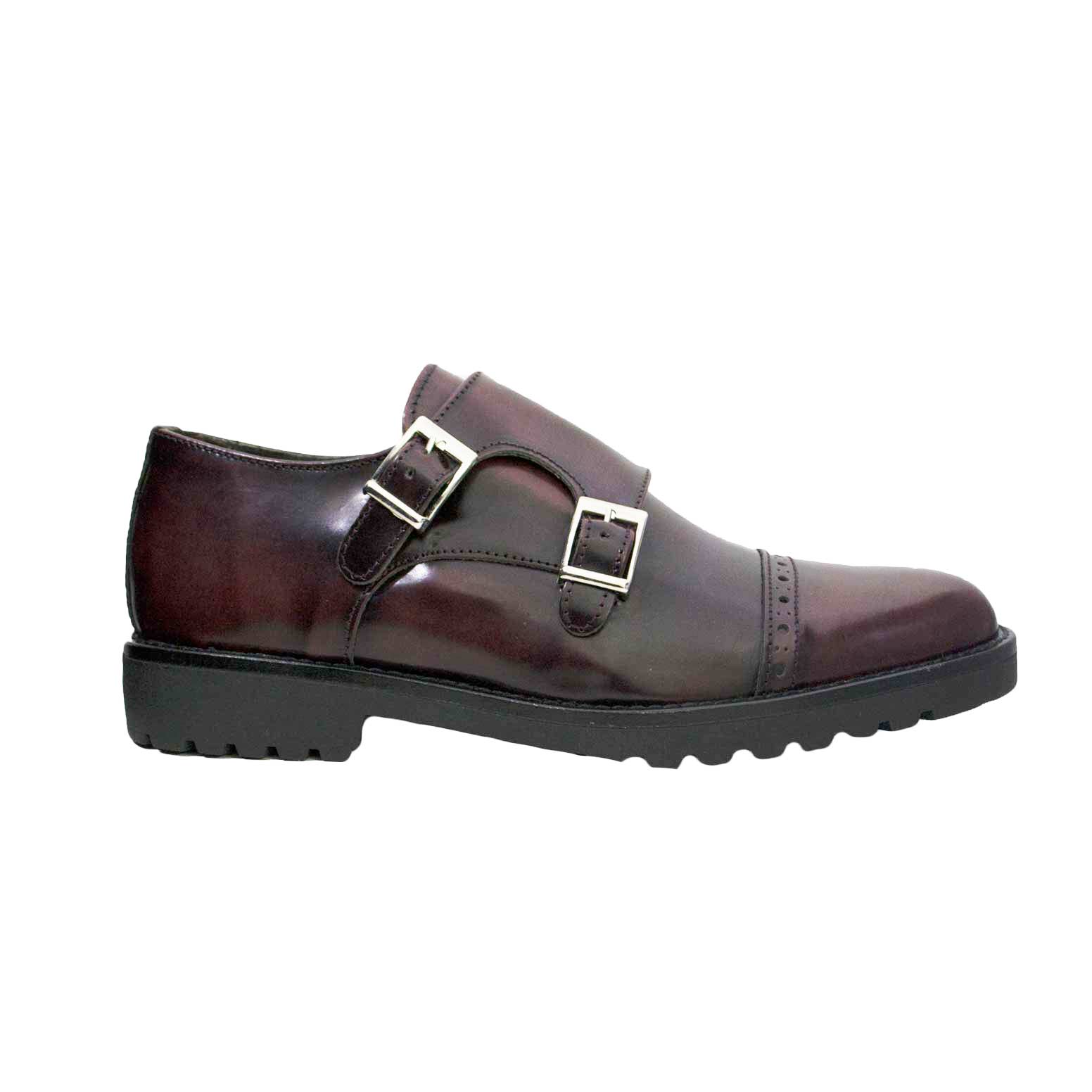 Scarpe uomo due fibbie vera pelle abrasivato lucido fondo bordeaux  roccia ultraleggero moda.