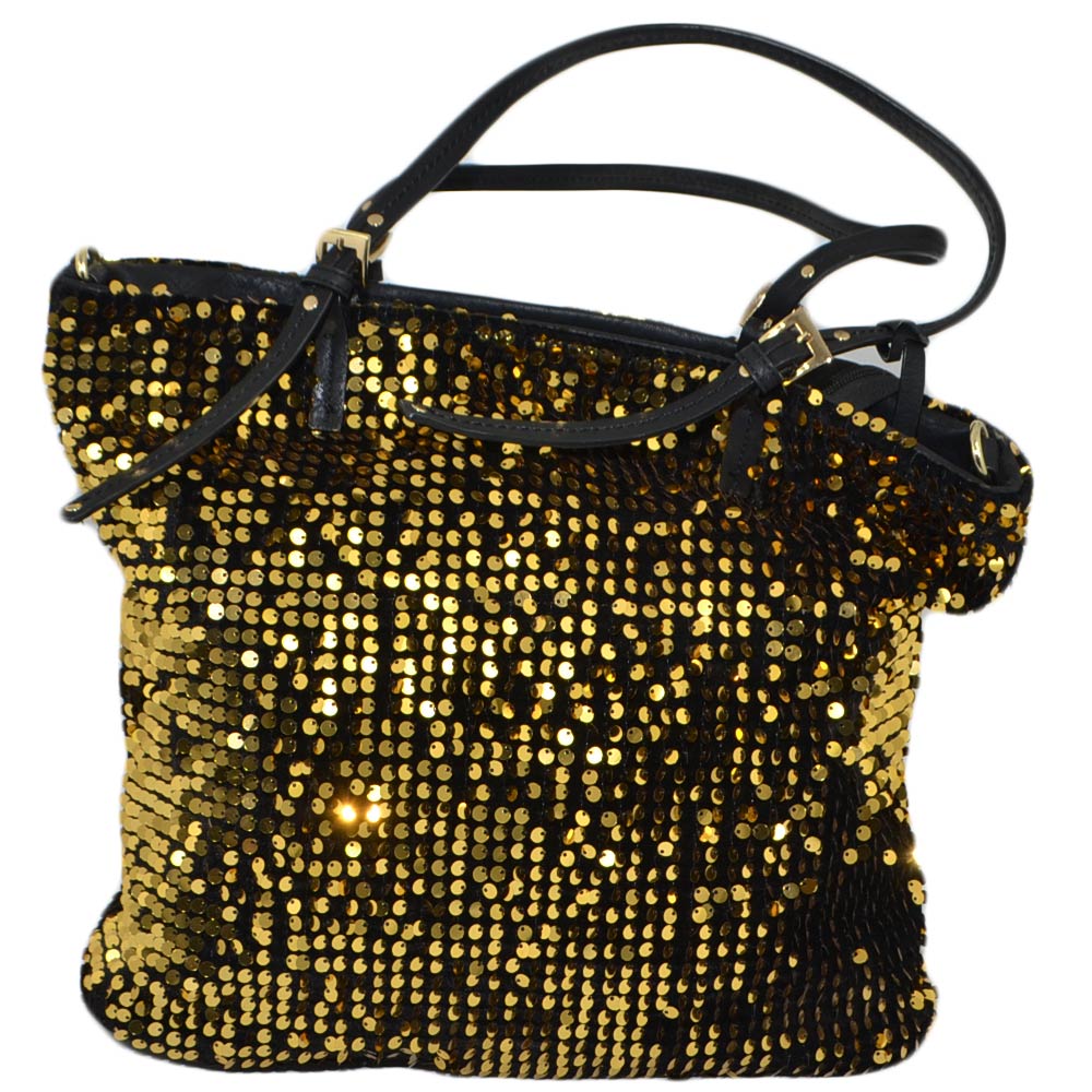 Borsa shopping nera con paillettes oro chiusura zip morbida comoda bagaglio a mano scompartimenti interni viaggio