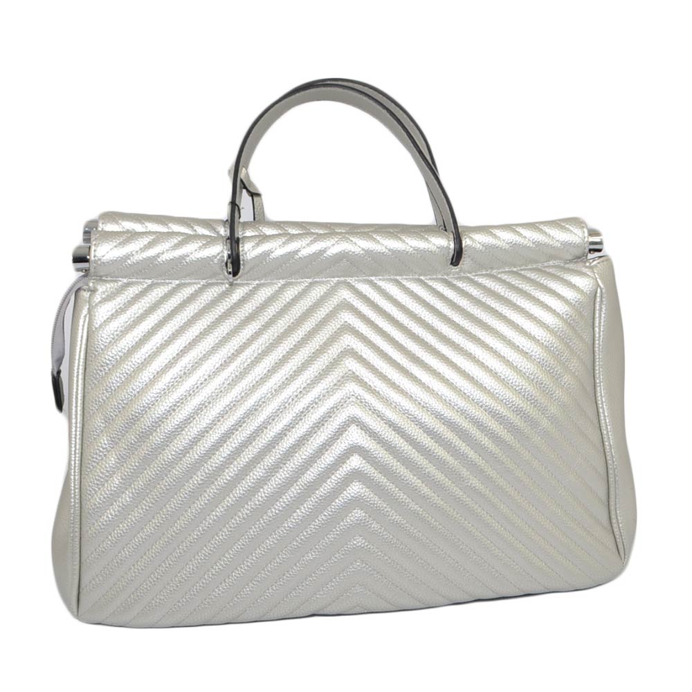 Borsa shopping a bauletto argento con striature e zip comoda manico  capiente tracolla scompartimenti interni viaggio donna big bags Malu Shoes  | MaluShoes