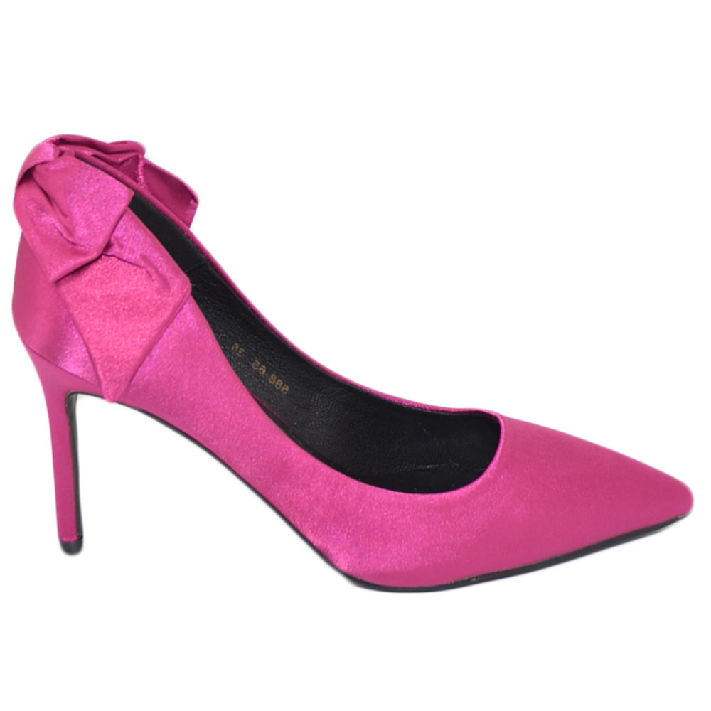 Scarpe donna decollete punta elegante raso fucsia tacco spillo 10 fiocco retro moda elegante cerimonia evento anni 30.