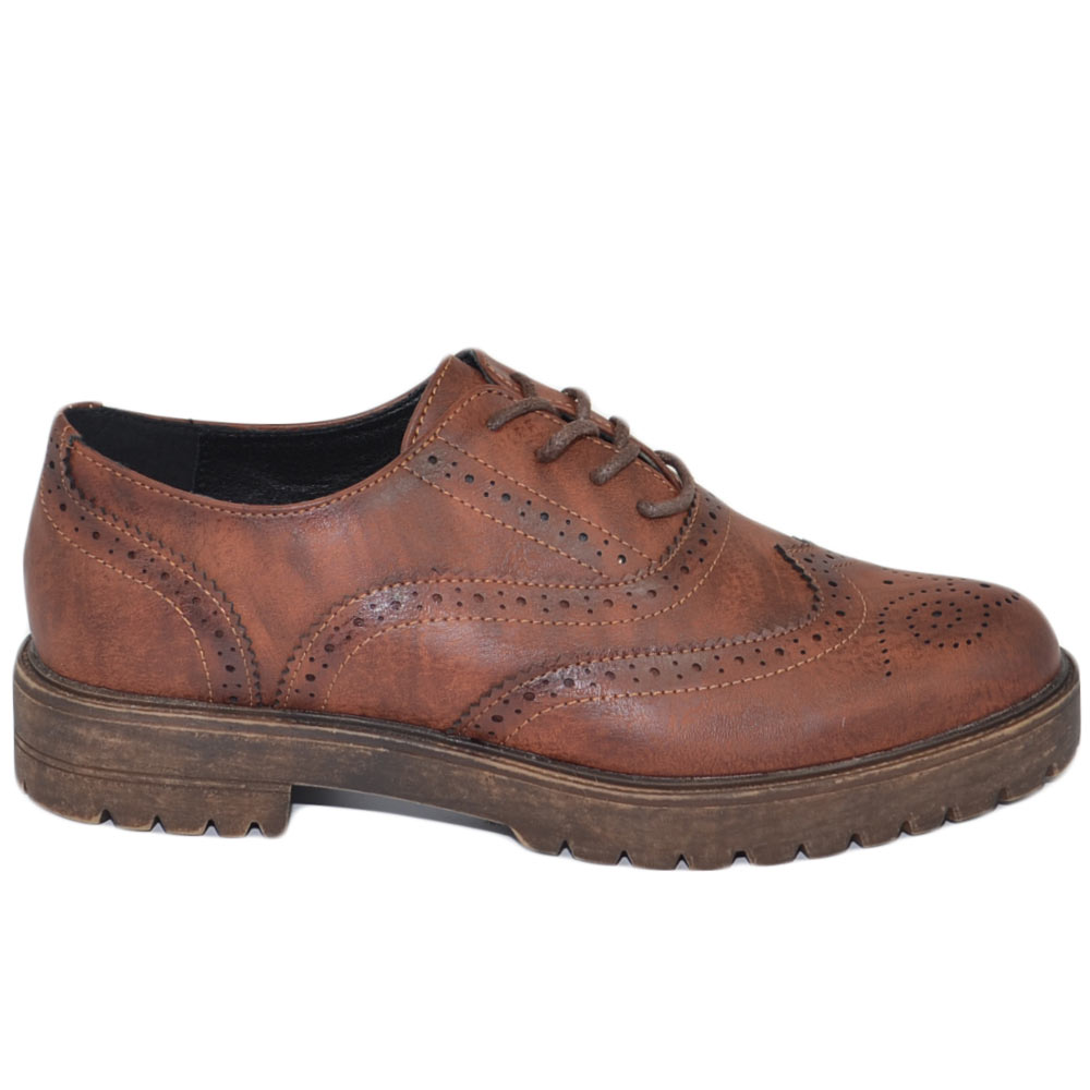 Scarpa francesina donna stringata marrone cognac comoda lacci fondo in gomma tinta unita moda casual