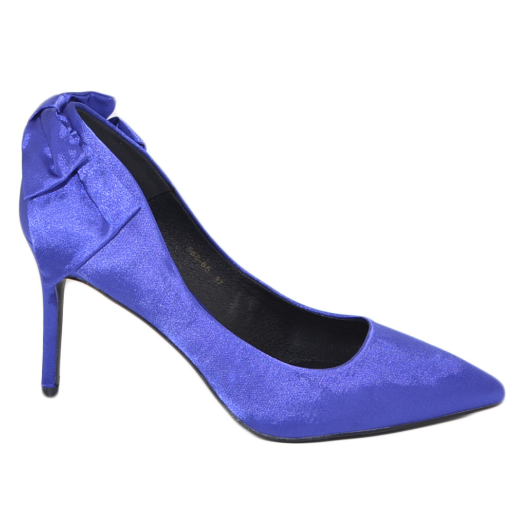 Scarpe donna decollete punta elegante raso blu cobalto tacco spillo 10 fiocco retro moda elegan cerimonia evento anni 30.