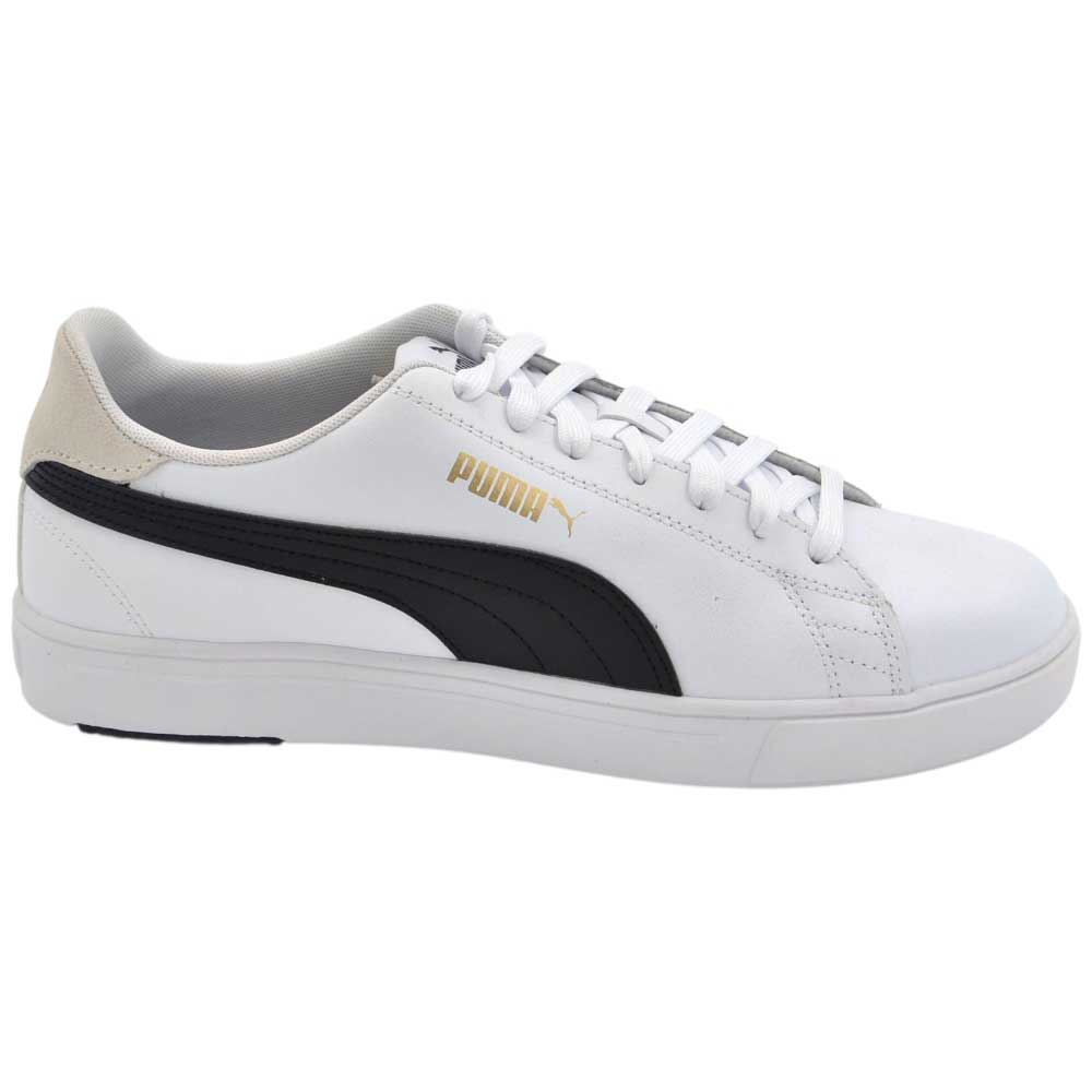 Sneakers Uomo Puma Club II bianco nero e oro bassa in pelle con logo dorato fondo gomma 2,5 cm.