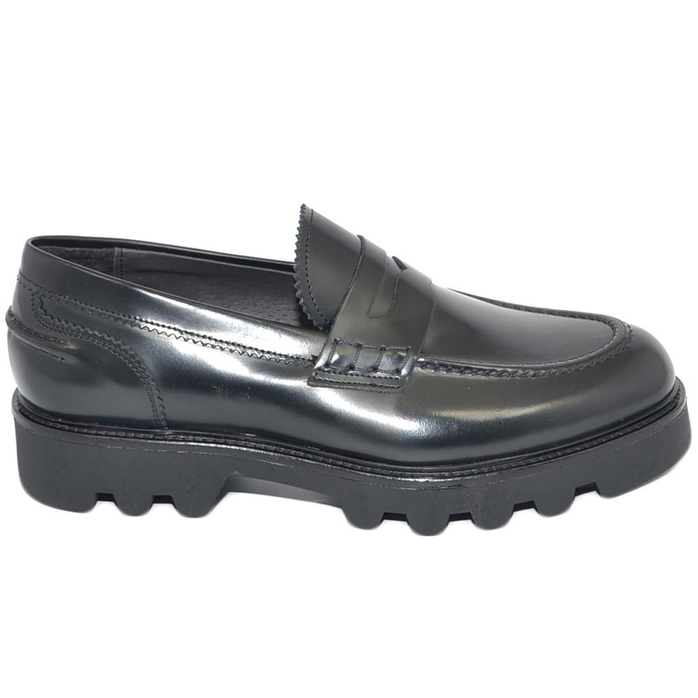 Scarpa mocassino uomo in vera pelle abrasivata nero spazzolato linea vintage fondo alto imperial gomma light handmade