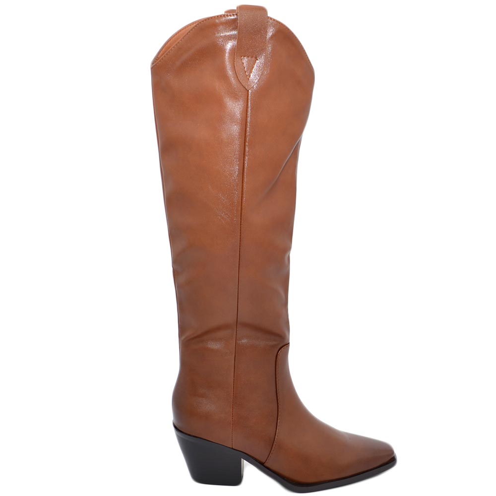 Stivali donna camperos a punta quadrata cuoio fatti texani lisci linea basic tacco comodo 3 cm alti al ginocchio 