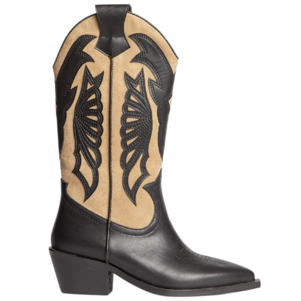 Stivali donna western Corina M4775 camperos bicolore beige e nero altezza polpaccio tacco texano 4,5 cm con zip 