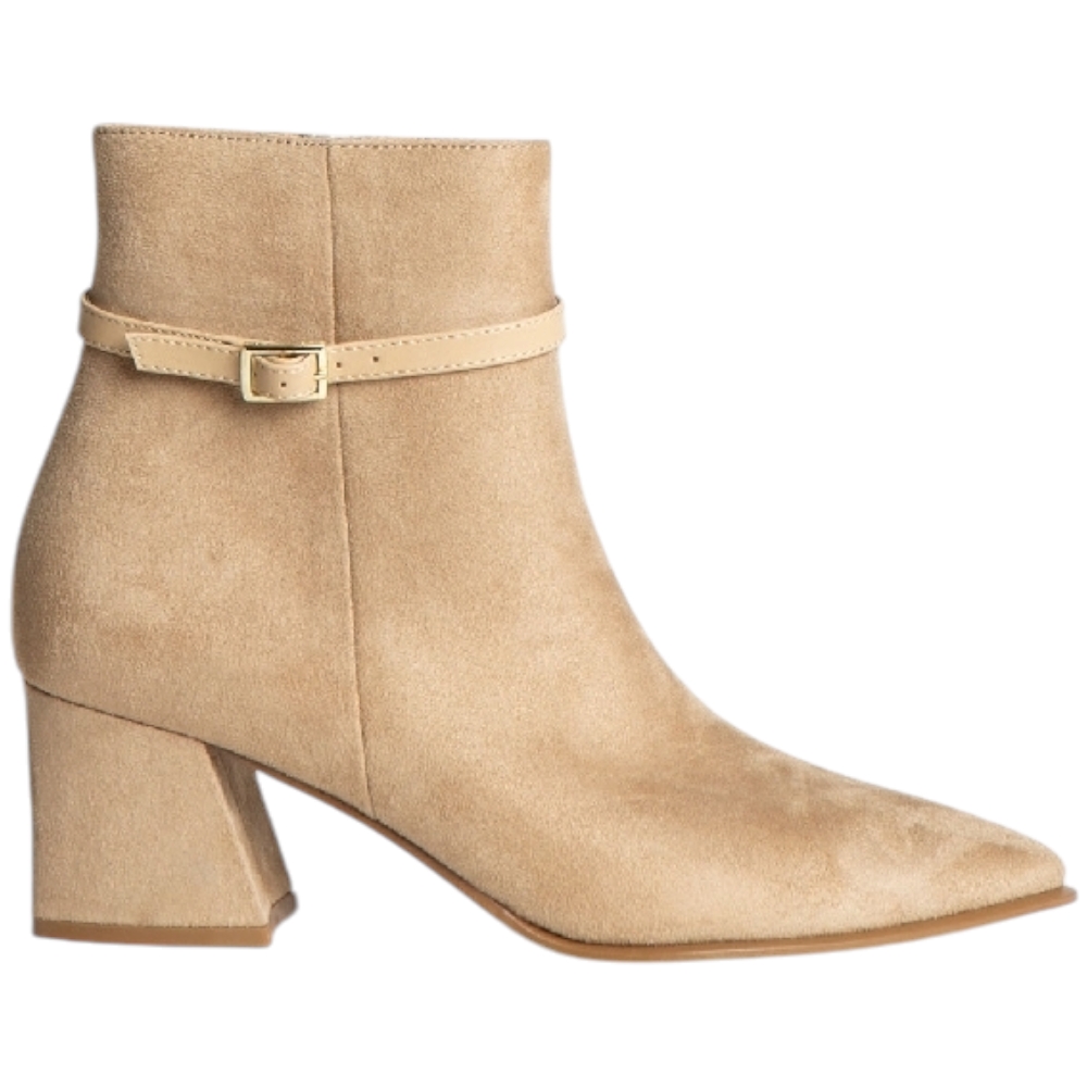 Stivaletto tronchetto Corina M4900 in camoscio beige tacco doppio 6 cm zip laterale aderente alla caviglia cinturino