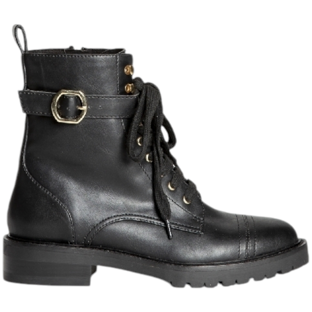 Stivaletto donna anfibio Corina M4841 pelle nera con fibbia e lacci fondo alto in gomma zigrinata con zip moda basic